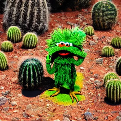 Prompt: Oscar the grouch on a spiritual peyote journey through the desert, cacti