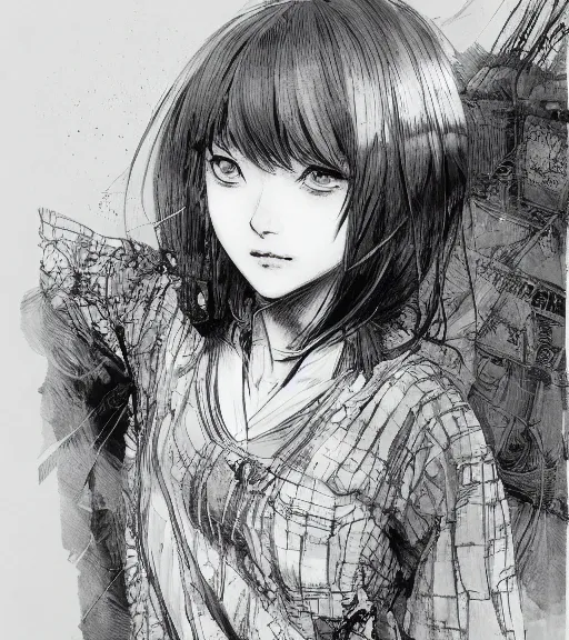 Prompt: portrait of anime girl wearing pajamas, pen and ink, intricate line drawings, by craig mullins, ruan jia, kentaro miura, greg rutkowski, loundraw