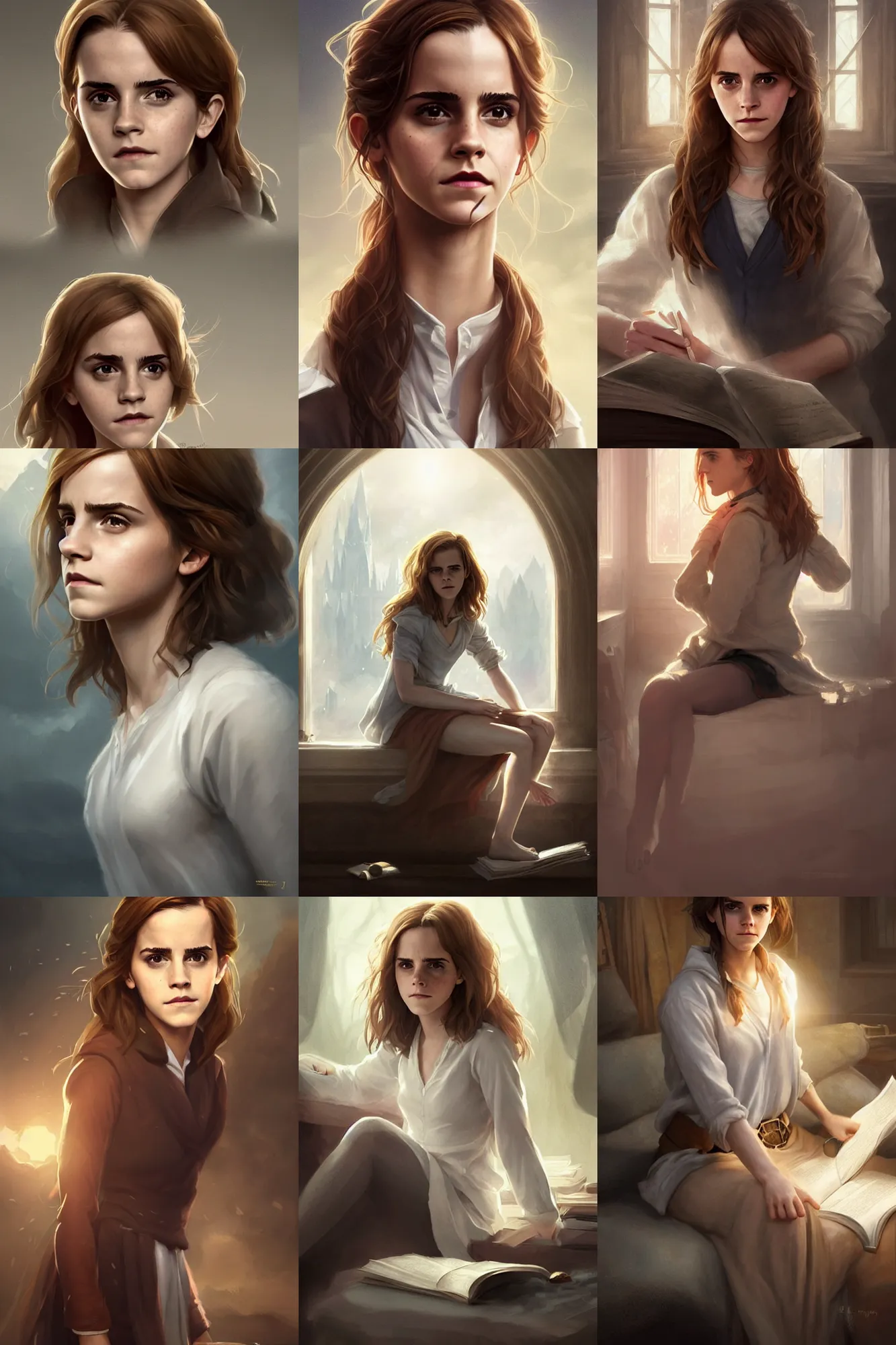 Prompt: emma watson as hermione!, sitting in bedroom, anatomy, bathing in light, highly detailed, digital painting, artstation, concept art, smooth, sharp focus, illustration, unreal engine 5, 8 k, art by art by artgerm and greg rutkowski and edgar maxence