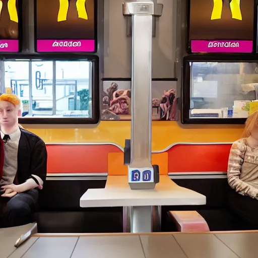 Image similar to Two different people sitting at a booth in McDonalds, one of the people is Draco Malfoy, the other character is Eddie Munson, McDonalds interior background, photo