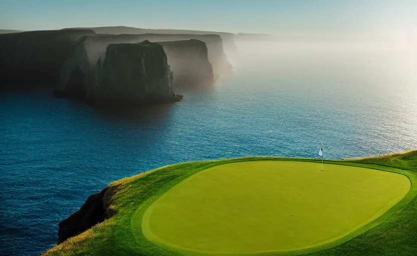 Image similar to a great photograph of the most amazing golf hole in the world, incredible light, cliffs by the sea, perfect green fairway, human perspective, ambient light, 5 0 mm, golf digest, top 1 0 0, fog