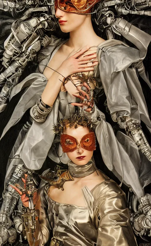 Image similar to the masked cyborg queen, elegant, fashion, vogue poses, striking composition, highly detailed ornate sci fi background, vivid details, amalgamation of nature and technology, wires, glowing tubes, beautiful composition, painting in the style of sandro botticelli, caravaggio, albrecth durer, 8k