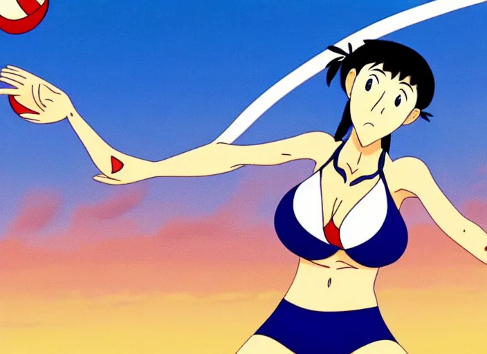 Image similar to an animation still of beautiful bikini volleyball player, in the style of studio ghibli, netflix animation, toei animation, filmation animation, traditional animation, sharp detail, animation cel