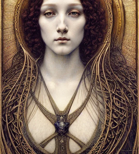 Image similar to detailed realistic beautiful young medieval queen face portrait by jean delville, gustave dore and marco mazzoni, art nouveau, symbolist, visionary, gothic, pre - raphaelite. horizontal symmetry