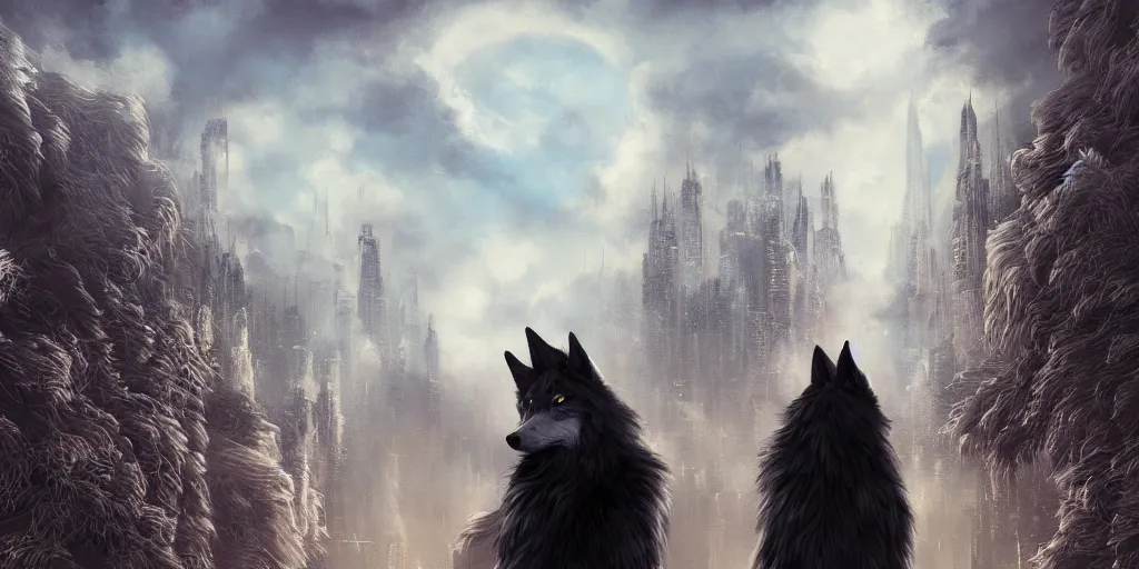 Image similar to ultra realist and ultra intricate detailed soft painting of an anthro! wolf with a black jacket, volumetric clouds, city background, wistful, bokeh, artstation, unreal render, depth of field