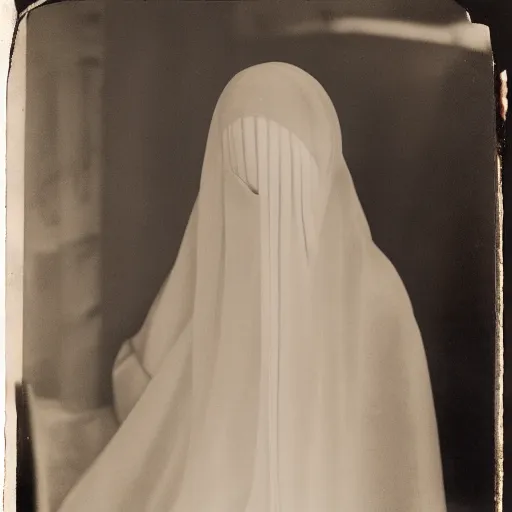 Image similar to filmstill photography of female face covered with white translucent blanket, old victorian room