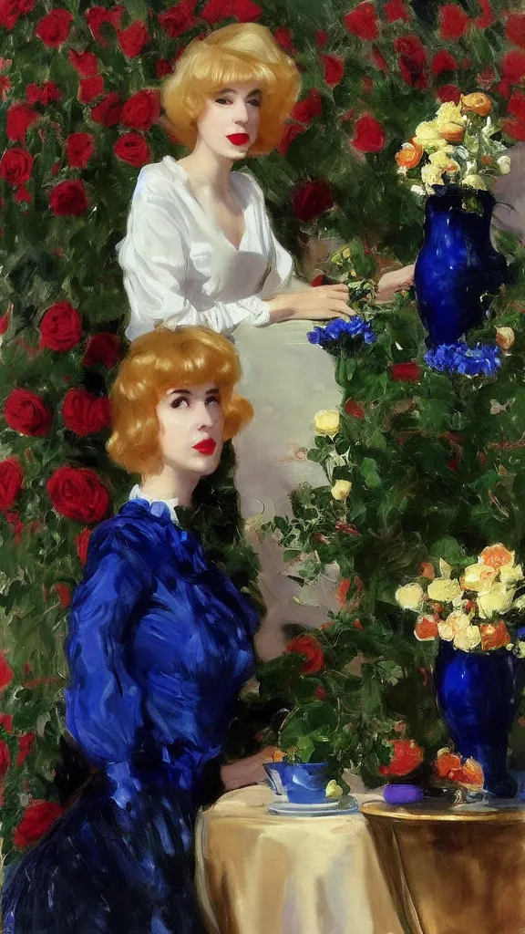 Prompt: young julee cruise in detailed golden sleeve balloon lace dress beside a pot of red roses set near a persian blue detailed pot by john singer sargent