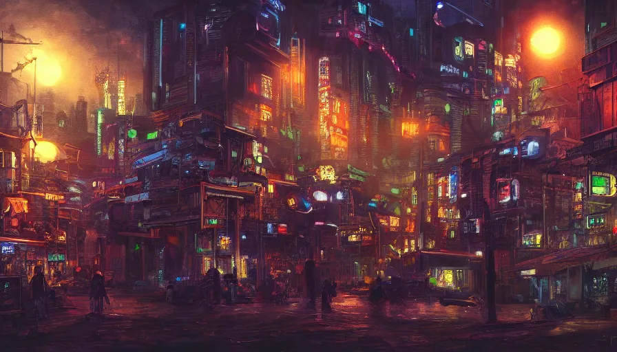 Image similar to Cyberpunk English village at night paint by Sean Charmatz, hyperdetailed, artstation, cgsociety, 8k