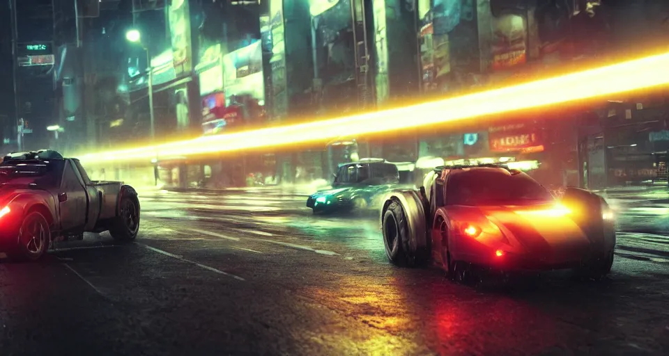 Image similar to closeup photo of combat tesla cybertruck driving on wet dystopian cyberpunk city streets at night, mad max, action, speed, volumetric lighting, hdr, need for speed, gta 5, forza, makoto shinkai, syd mead, craig mullins, cinematic, fast and furious, blade runner, octane, 8 k, iso 1 0 0, 1 2 mm