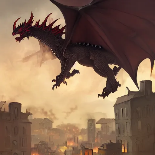 Prompt: a large dragon flying above a mid century village and blowing fire and waste to the buildings below. Moody paining trending on artstation