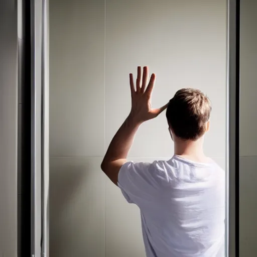 Image similar to looking out of a toilet at a man waving goodbye, photo