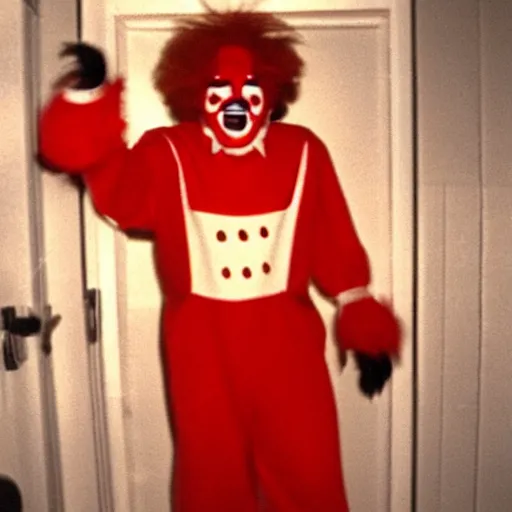 Image similar to creppy 2 0 0 1 photo of ronald mcdonald screaming in a dark room