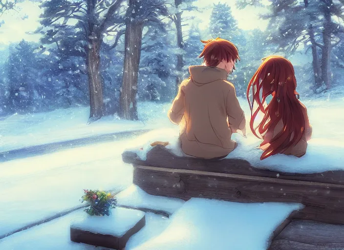 Image similar to a boy and a girl with long flowing auburn hair sitting together on the porch of a cabin on a mountain overlooking a snowy landscape. Atmospheric lighting, long shot, romantic, boy and girl are the focus, cold lighting, snowy. Anime. By Makoto Shinkai, Stanley Artgerm Lau, WLOP, Rossdraws, James Jean, Andrei Riabovitchev, Marc Simonetti, krenz cushart, Sakimichan, D&D trending on ArtStation, digital art.