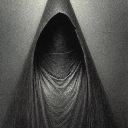 Prompt: a closeup of a hooded figure holding a small pyramid on a ferry in the underworld, charon, greek mythology, beksinski