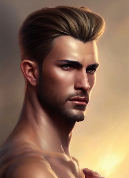 Image similar to a _ fantasy _ style _ portrait _ painting _ of male, medium dark blonde pulled back side part and blonde stubble, rpg dnd oil _ painting _ unreal _ 5 _ daz. _ rpg _ portrait _ extremely _ detailed _ artgerm _ greg _ rutkowski _ greg