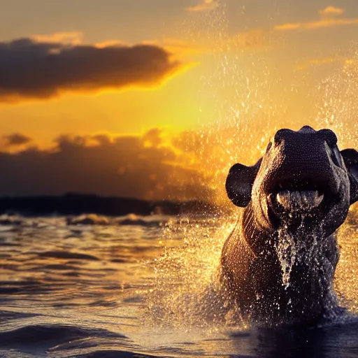 Image similar to a closeup photorealistic photograph of a cute smiling knitted tiger hippopotamus splashing after beachballs during sunset. surf in background. professional capture. this 4 k hd image is trending on artstation, featured on behance, well - rendered, extra crisp, features intricate detail, epic composition and the style of unreal engine.