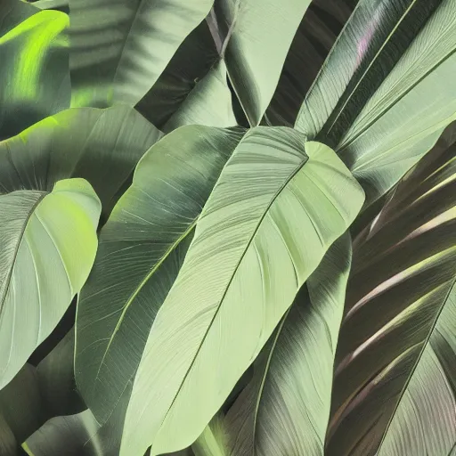 Prompt: an ultra high definition professional studio quality photograph of a transparent iridescent perspex pastel coloured jungle leaves on a plant in an empty white room. dramatic lighting, ray tracing, refraction, shallow d. o. f, colour corrected, golden ratio, three point light. volumetric shadows. god rays.