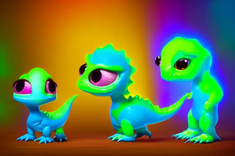 Image similar to pixar designed cute, smiling chibi style baby dinosaurs made entirely out of glowing electrified hypercolor plasma, having fun inside a psychedelic realm made entirely out of love and acceptance and hypercolors. astral beings sharing love. renderman, ray tracing, symmetrical faces, 3 d models