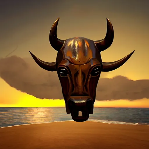 Prompt: human wearing a bull mask in the style of gta v artwork, digital art, sunset, sharp focus, classical painting, beach