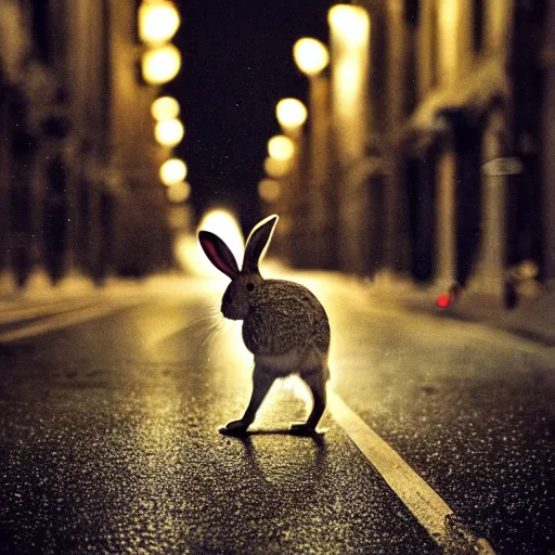 Prompt: lone rabbit in the middle of a street during a rainy night, lights, focused photo, low field of view, album cover