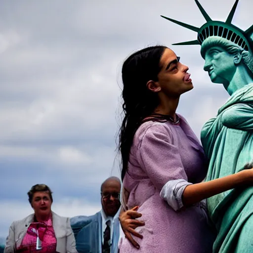 Image similar to lady liberty making out with alexandria ocasio - cortez, very realistic, hyper real, photojournalism