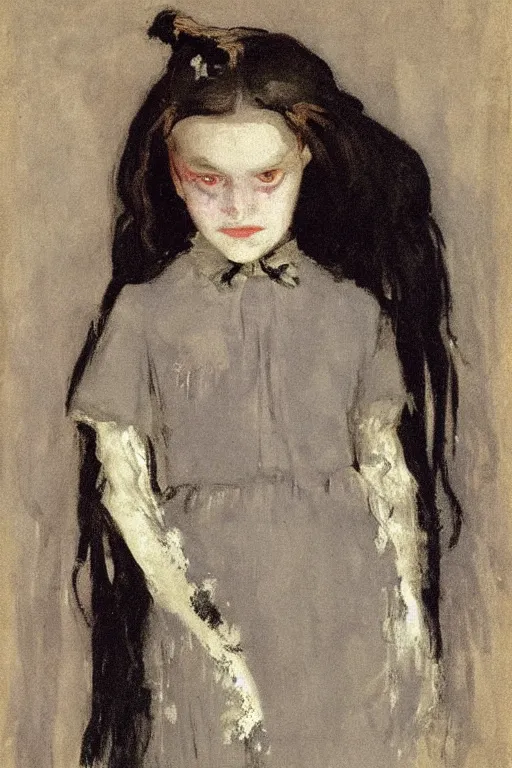 Prompt: portrait of a crying wednesday addams by walter sickert, john singer sargent, and william open