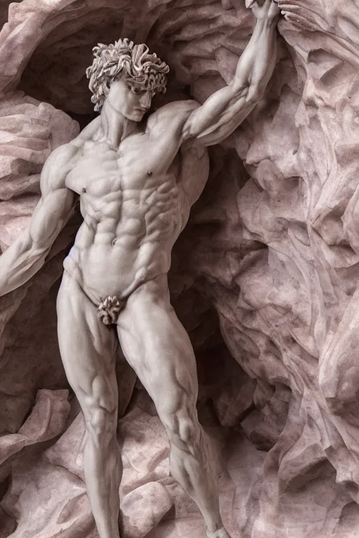 Image similar to epic and dramatic view of incubus statue made in carrara pinkish marble showing cracks in his full body, realistic and ultra detailed, 8 k