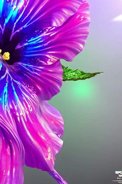 Image similar to an iridescent hibiscus by yusuke murata and makoto shinkai, 8 k, high resolution render, cinematic, unreal engine, featured on artstation, epic scale, volumetric lighting, ultra wide angle, intricate details, crystal, rainbow colors