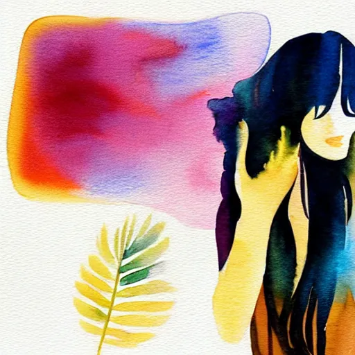 Image similar to a room full of beautiful house plants and a pretty woman with pale skin, long black hair with bangs, wearing shorts and t shirt, walking happily, abstract, golden light, beautiful watercolor art trending on artstation