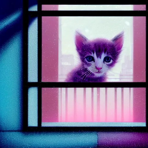 Prompt: a cute kitten sitting on a dark hotel window sill, looking out a rain-streaked window overlooking a futuristic cyberpunk cityscape, pink and blue lighting, by greg rutkowski and android jones in a surreal style, oil on canvas, ancient cyberpunk 8k resolution