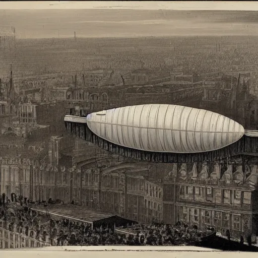 Image similar to a photograph of a steampunk dirigible floating above london in the 1 8 6 0