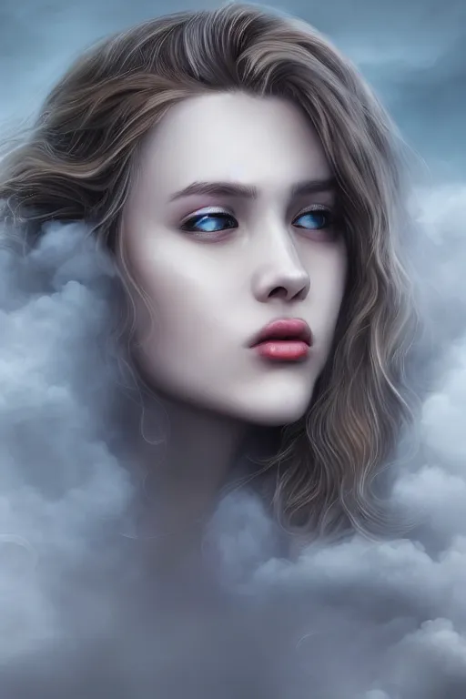 Image similar to Goddes of Clouds, Mist and Smoke, , pretty face, ultra detailed, digital art, 8k ,character ,realistic, portrait, hyperrealistic