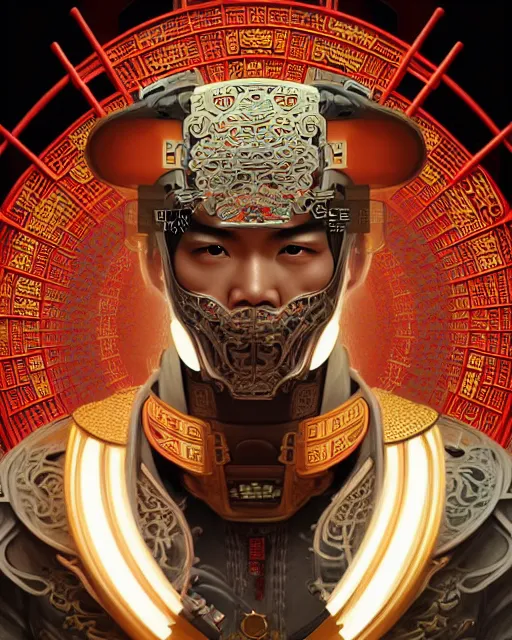 Image similar to portrait of a chinese masculine male cyberpunk machine, machine face, upper half portrait, decorated with chinese opera motifs, muscular, asian, fine china, wuxia, traditional chinese art intricate intense elegant 京 剧 highly detailed digital painting artstation concept art smooth sharp focus illustration, art by artgerm and greg rutkowski alphonse mucha 8 k