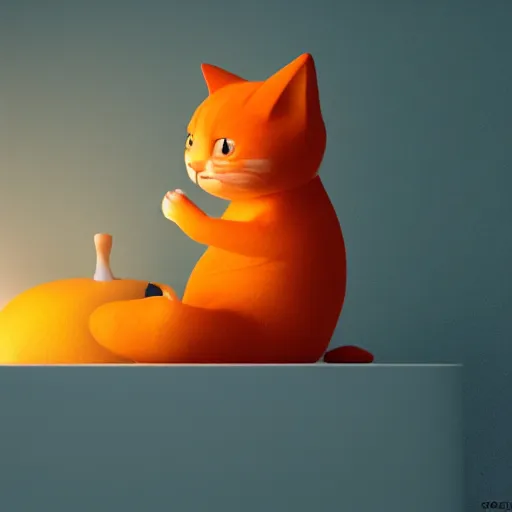 Prompt: A fat, cute orange cat in a beautiful room, cozy, octane render by Goro Fujita, details, lights, beautiful, 4K, 8K