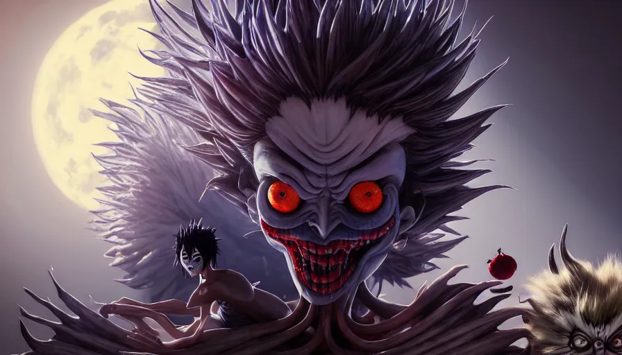 Image similar to ryuk and kira, epic scene, highly detailed, high quality, 8 k, 4 k, octane render, digital painting, alena aenami, lilia alvarado, shinji aramaki, karol bak, alphonse mucha, tom bagshaw