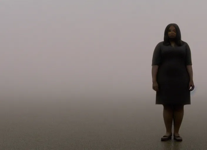 Image similar to cinematic screenshot high wide angle shot of octavia spencer standing in a foggy a desolate strange department store empty parking lot, one car, paranoia everywhere, screenshot from the tense psychological thriller film ( 2 0 0 1 ) directed by spike jonze, volumetric hazy lighting, anamorphic lens, moody cinematography, 3 5 mm kodak color stock