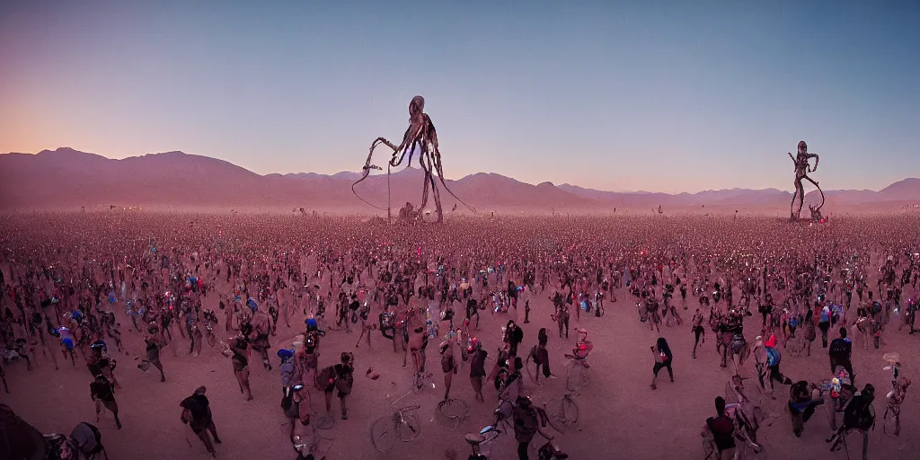 Prompt: wide angle view of a giant xenomorph in a crowd of people dancing at Burning Man in the desert at night, hd 35mm photography, big clouds, cinematic