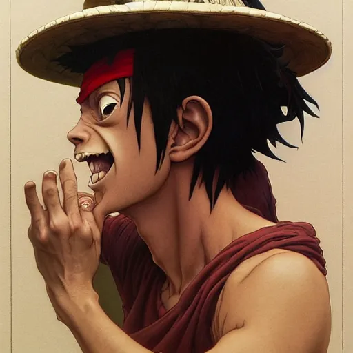 Prompt: highly detailed vfx portrait of monkey d. luffy, stephen bliss, greg rutkowski, loish, rhads, beeple, makoto shinkai, tom bagshaw, alphonse mucha, global illumination, sharp focus, art by artgerm and greg rutkowski, stanley kubrick, best of behance, cinematic lighting, frowning, mouth closed,