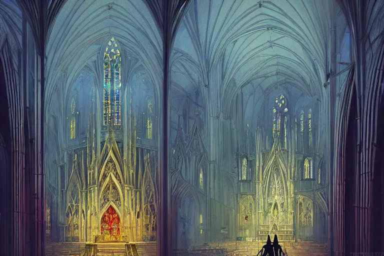 Prompt: a gothic church, vibrant highlights sharp contrast trending pixiv fanbox chiaroscuro by victo ngai james gurney makoto shinkai takashi takeuchi studio ghibli