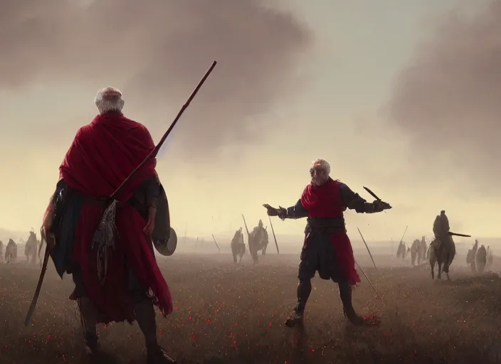 Prompt: cinematic shot of a mysterious old man with a staff and purple robes standing before a cavalry charge of warriors wearing red armor by Greg Rutkowski, 4k, masterpiece