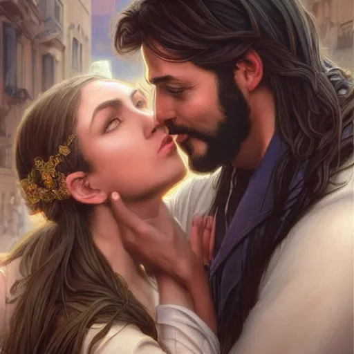 Image similar to jesus kissing a woman in a street, elegant, highly detailed, digital painting, artstation, concept art, matte, sharp focus, highly detailed, 4 k, hdr, smooth, sharp focus, high resolution, award - winning photo, photorealistic, art by artgerm and greg rutkowski and alphonse mucha, large shot