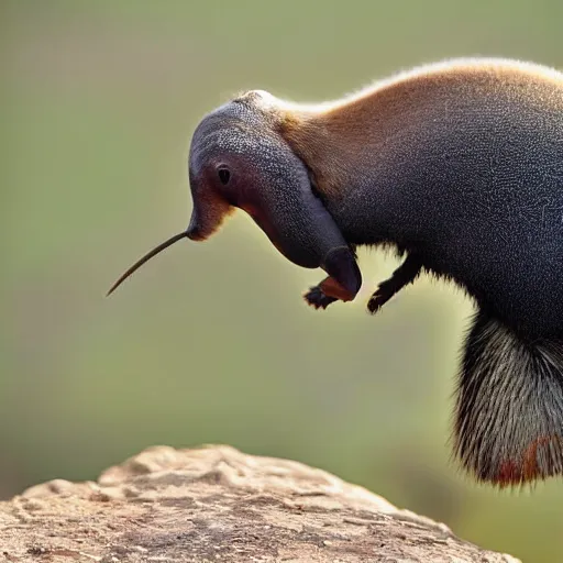 Prompt: anteater eating ants at the top of mountain, triunphantly, photograph