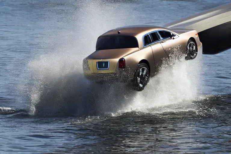 Image similar to Teenagers push Rolls-Royce into lake with their hands from a small slide wanting to drown him