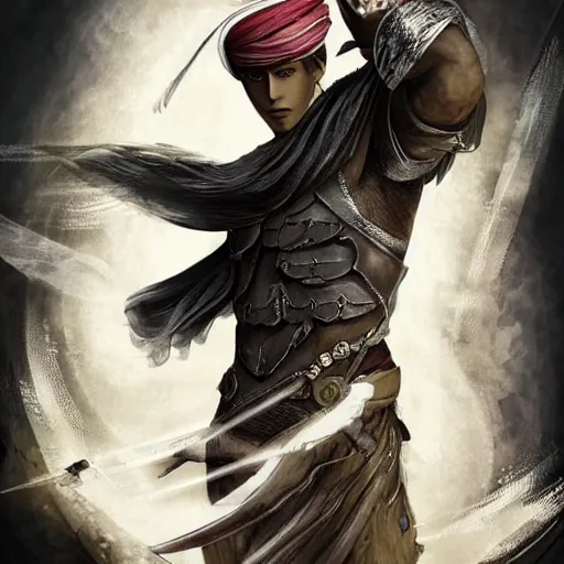 Image similar to an illustration for a new video game, by square enix, about a hero who fights for his nation, the depiction of a very beautiful face, wearing a turban and also a black horse, his clothes are very desert patterned, and also symmetrical, perfect shape, and also very detailed, this illustration is drawn by yoshitaka amano