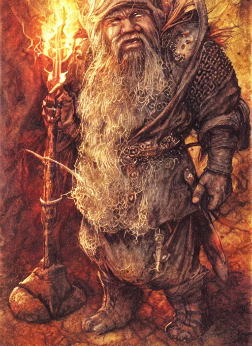 Image similar to full body of a dwarf sorcerer, beautiful! coherent! dungeons and dragons character, by brian froud, larry elmore, gerald brom, ralph horsley, wayne reynolds, strong line, deep color, chainmail, short red hair, high contrast