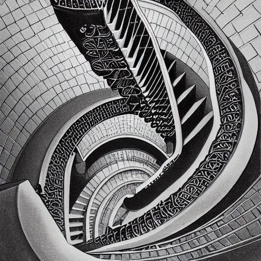 Prompt: a detailed ilustration of a cosmic staircase that rises into itself, 4k, by M. C. Escher