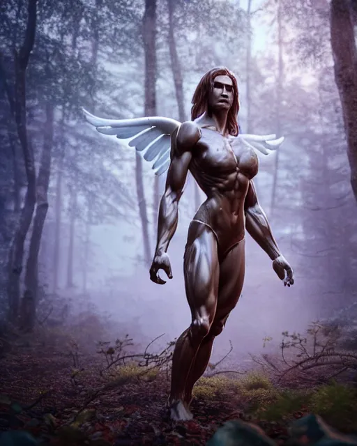 Image similar to muscular Angel in enchanted forest, prismatic highlights, atmosphere, gorgeous, depth of field, cinematic, macro, concept art, 50mm, artstation, wlop, elegant, epic, weta digital, focus, octane render, v-ray, 8k, kodak portra, art by Liberatore