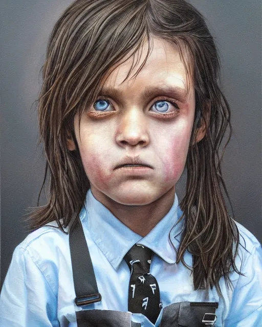 Prompt: portrait of a 7 year old child, gritty, serious, wearing a suit, very detailed eyes, hyperrealistic, beautiful, very detailed painting by Glenn Fabry, by Joao Ruas, by Artgerm