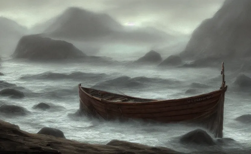 Image similar to old wooden fishing boat, directed by charlie kaufman ( 2 0 0 1 ) anamorphic lenses, a rocky shore in the foreground, foggy volumetric light morning, a beam of light from the heavens, cinematic trending on artstation in the style of greg rutkowski