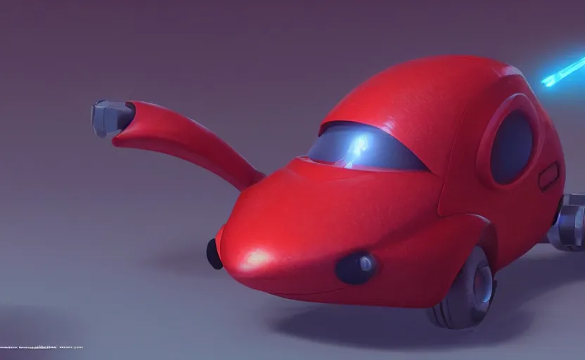 Image similar to a small red futuristic vehicle near a humanoid rat, hyperrealistic, disney and pixar style, concept art, octane render, unreal engine 5, concept art, trending on artstation, cinematic, high coherence, highly detailed, high quality, 8 k, soft lighting, path traced